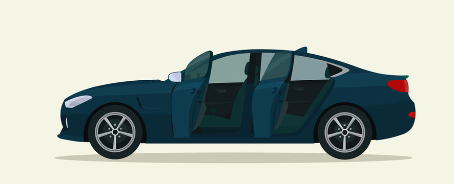 Sedan Car With Open Doors. Vector Flat Style Illustration.