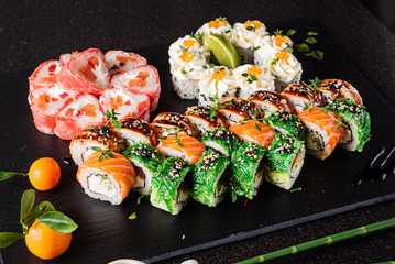 sushi set on the black background