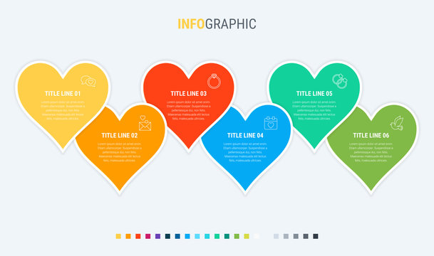 Timeline infographic design vector. 6 options, hearts workflow layout. Vector infographic timeline template.