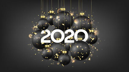 Beautiful Happy New Year banner. Holiday vector illustration with realistic black Christmas balls and 2020 number. Decoration balls, golden confetti and effect bokeh on black background.