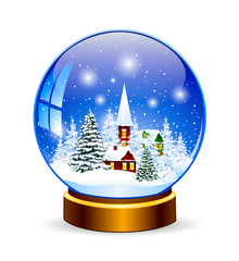 Snow globe with winter landscape. Snow globe. Winter landscape. Snow-covered village in a glass snow globe