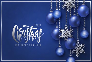 Merry Christmas Happy New Year design, lettering, blue ball silver snowflake - 295775145