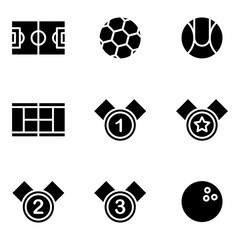 Sport icon set glyph style including foodball, soccer, sport, field, ball, tennis, baseball, champion, medal, reward, bowling, equipmen