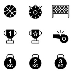 Sport icon set glyph style including ball, basketball, game, sport, timer, watch, speed, equipment, tennis, field, award, champion, trophy, coach, referee, whistle, bodybuilding, fitness, gym