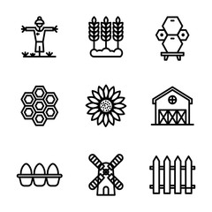 Agriculture icon set outline style including scarecrow, agriculture, farm, farming, ear, wheat, honey, bee, beehive, hive, sun flower, oil, flower, barn, building, egg, protein, energy, windmill, mill