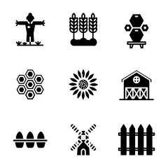 Agriculture icon set glyph style including scarecrow, agriculture, farm, farming, ear,wheat,honey,bee,beehive,hive,sun flower,oil,flower,barn,building,egg,protein,energy,windmill,mill