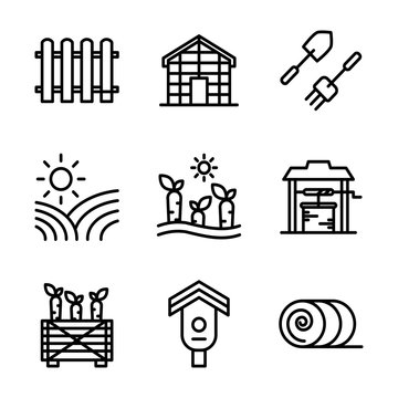 Agriculture icon set outline style including fence, barrier, picket, wooden, glass house, building, hidroponic, farming, garden, agriculture, plantation, farm, carrot, farmer, water, box, birdhouse