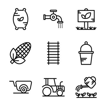 Agriculture icon set outline style including compound,seed,fertilizer,flush,water,pipe,garden,tree,leaf,corn,agriculture,sweetcorn,ladder,tool,bucket,wheelbarrow,tractor,machine,farmer,watering,farm