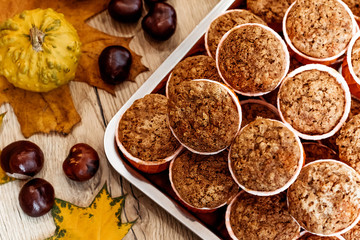 Pumpkin and carrot cupcakes. Healthy autumn pastries. Cafe concept, menu.