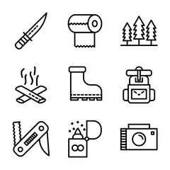 Camping icon set outline style including knife,cam,survive,adventure,tissue,camp,trees,camping,fire,bonfire,shoes,boots,climbing,equipment,bag,swiss knife,flame,lighter,camera,documentation