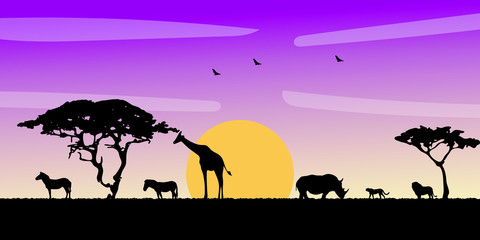 Obraz na płótnie Canvas African savanna landscape. Wild animals in National park. Safari travel concept.