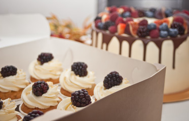 Close up cupcakes with white icing and blackberry in a paper box and cake with berries on the background
