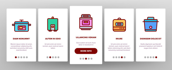 Slow Cooker Onboarding Mobile App Page Screen Vector Icons Set Thin Line. Different Cooker Kitchenware Concept Linear Pictograms. Modern Cooking Food Equipment And Gadgets Contour Illustrations