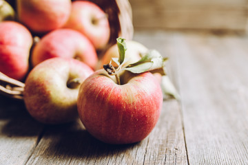Freshly harvested ripe apple on the rustic wooden background. Selective focus. Shallow depth of field.