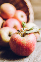 Freshly harvested ripe apple on the rustic wooden background. Selective focus. Shallow depth of field.