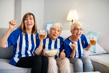 Senior women watching football on TV. Elderly Woman Fans Emotionally Watching Soccer on Tv and celebrating victory at home. Soccer team just scored a goal