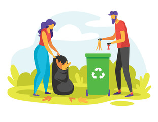 Color vector illustration of people collecting rubbish outdoors. Flat style concept for flyer, web page banner. A man and a woman separate trash into  containers.