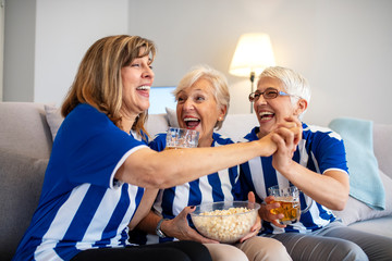 Football fans watching a game on tv. Sports fans rooting for their team. Elderly Woman Fans Emotionally Watching Soccer on Tv  and celebrating victory at home. Excited senior women watching a game