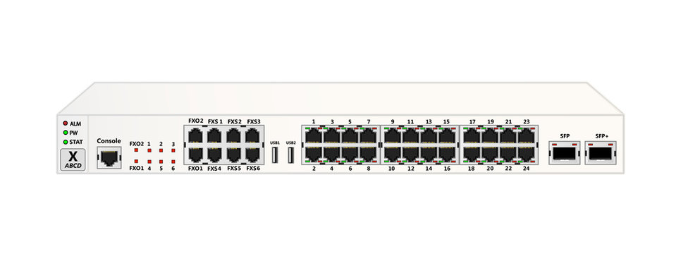 The service router for mounting with a 19-inch rack has 24 Ethernet ports, 1  SFP port, 1  SFP+ port, 2 USB ports, 6 FXS ports, 2 FXO port. White colour. Vector illustration.