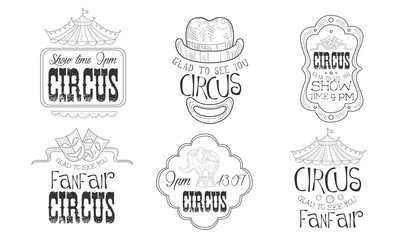 Fototapeta premium Circus Show Hand Drawn Retro Labels Set, Glad to See You Funfair Monochrome Badges Vector Illustration