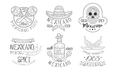 Mexicano Menu Traditional Spicy Cuisine Hand Drawn Retro Labels Set, Fresh Mexicano Food Monochrome Badges Vector Illustration