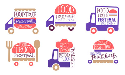 Food Truck Festival Vintage Labels Set, Street Food Signs Vector Illustration