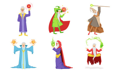 Old Wizard Characters Set, Male Magician or Warlock in Hat and Mantle Practicing Wizardry Vector Illustration