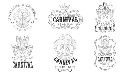 Carnival Mardi Gras Hand Drawn Retro Labels Set, Welcome to Magic Show Monochrome Badges Vector Illustration © topvectors