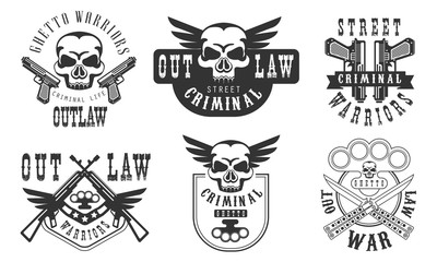 Obraz premium Outlaw Street Criminal Retro Labels Set, Welcome to the Ghetto Black Badges Vector Illustration