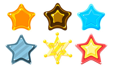 Glossy Colorful Stars Set, Game User Interface Assets Vector Illustration