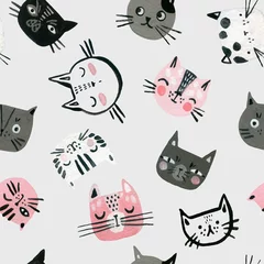 Wallpaper murals Cats Watercolor cute cats faces seamless pattern. Nursery design in scandinavian style.