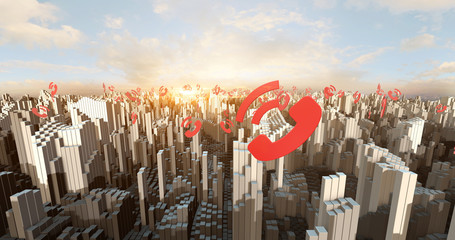 Obraz premium Phone Symbols Flying All Over The Crowded City Aerial. Technology And Telecommunication Related 4K 3D Illustration Render