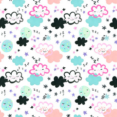 Funny sleeping moons, clouds, stars background. Nursery art seamless pattern