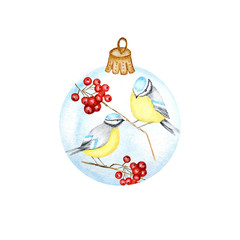 Watercolor Christmas Glass Ball Made of red rowan Branches, winter bird Blue tit. Greeting Card Design Template with Tomtit birds. New Year concept isolated on a white background. Vintage Style.