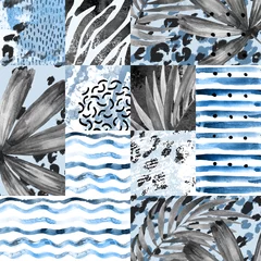 Tuinposter Handgeschilderde aquarel palmbladeren, strepen, dierenprint, doodles, grunge en aquarel texturen geometrische achtergrond © Tanya Syrytsyna