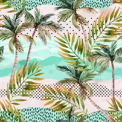 Poster Abstracte zomer strand achtergrond. Kunstillustratie met aquarelpalmen, palmbladeren, doodles en grunge-texturen © Tanya Syrytsyna