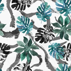 Rolgordijnen Abstracte ongebruikelijke zomer achtergrond. Aquarel tropische bladeren, verf getextureerde penseelstreken, lijnen, uitstrijkjes, strepen © Tanya Syrytsyna