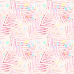 Foto op Plexiglas Aquarel natuur Artistieke aquarel palmbladeren, pastelkleurige confetti naadloze patroon