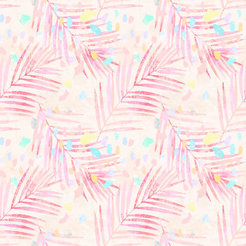 Artistic watercolor palm leaves, pastel colored confetti seamless pattern