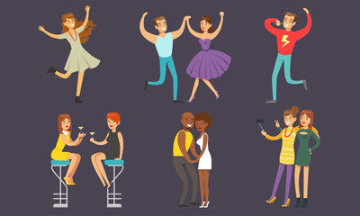 People Dancing and Drinking Cocktails at Nightclub Vector Illustration