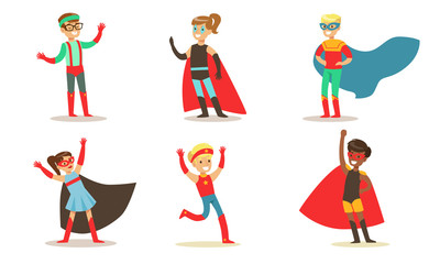 Fototapeta na wymiar Cute Boys and Girls in Various Superhero Costumes Set, Kids in Capes and Masks Having Fun at Carnival or Party Vector Illustration