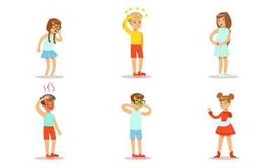 Kids Suffering from Different Symptoms Set, Boys and Girls Having High Temperature, Cough, Dizziness, Abdominal Pain, Nausea Vector Illustration