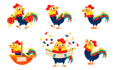Collection of Roosters with Bright Plumage in Different Situations, Funny Bird Character Vector Illustration