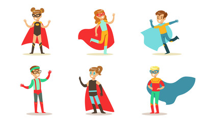 Cute Boys and Girls in Various Colorful Superhero Costumes Set, Kids in Capes and Masks Having Fun at Carnival or Party Vector Illustration