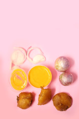 Top view of Onion Bhajji is a spicy Indian snack of chopped onions fried in dough