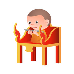 monk sit on a pulpit in the form of an elaborately carved seat,to teach Dharma,isolated big head cartoon version,vector illustration