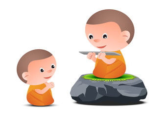 Old monk teaches Dharma to little monk while sitting on big stone, to generate Buddhism, vector illustration