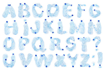 Crumpled plastic bottles alphabet, garbage abc on white background