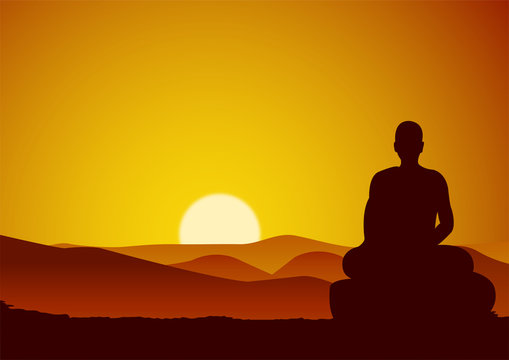 monk meditation sit on mountain face to mountain while sun at horizontal line and valley,vector illustration