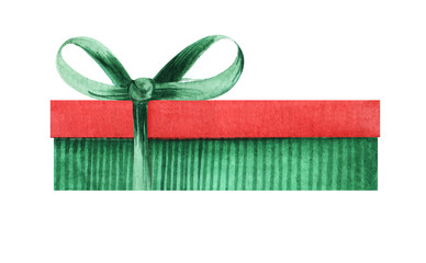 Green striped box with a red cap and green bow. Holiday gift box Christmas present. Hand drawn watercolor illustration isolated on white background